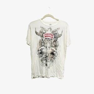 Christian‎ Audigier Cream Bull Skull Wolf Embellished Graphic Tee